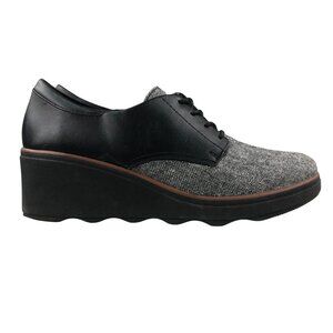Clarks Womens Size 8.5M Sharon Rae Black Grey Tweed High Heel Wedge Oxford Shoes